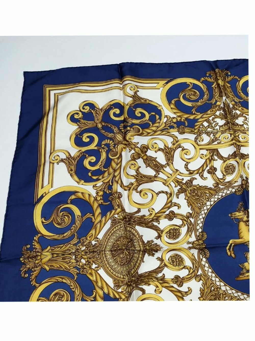 Authentic Hermès Silk Scarf Blue Gold Baroque Print Carré 90 - Picture 7 of 10